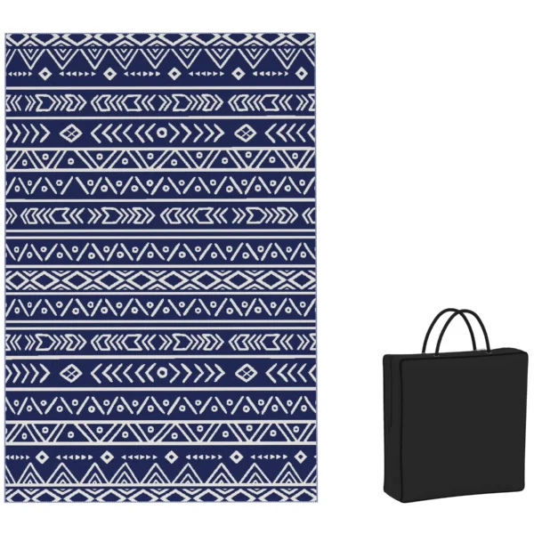 Reversible Geometric Style Outdoor Rug with Carry Bag, 182x274 cm, Blue and White