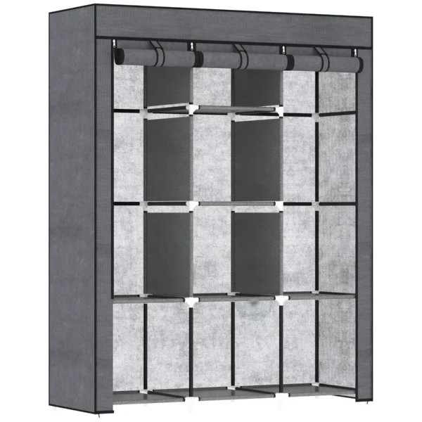 Wardrobe in Non-Woven Fabric and Steel with 8 Shelves and 2 Bars, 125x43x162.5 cm, Charcoal Gray