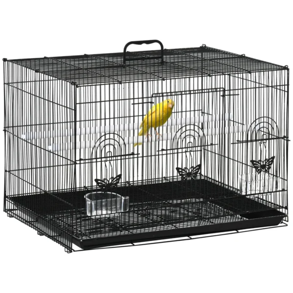Bird Cage with 2 Perches and 3 Entrances in Metal Wire and Plastic, 60x41x41 cm, Black