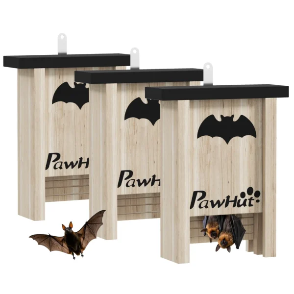 Set of 3 Bat Houses Bat Box in Fir Wood, 18x6x22.5 cm, Wood Color