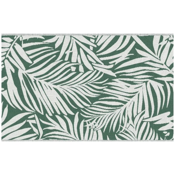Reversible Outdoor Balcony and Terrace Rug with Leaf Pattern, 152x243 cm, Green and White