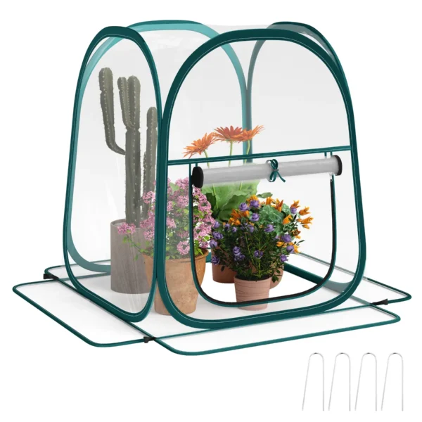 Mini Pop Up Greenhouse with Plastic Cover, Roller Window and Bag, 70x70x80 cm, Transparent