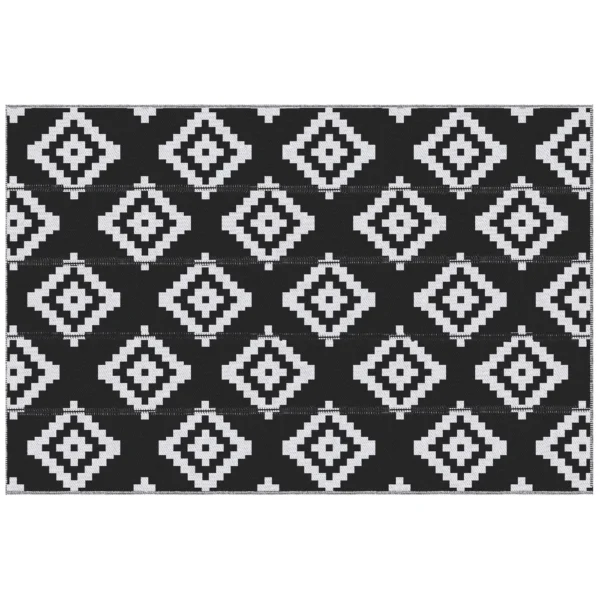 Reversible Geometric Pattern Outdoor Balcony and Terrace Rug, 2.74x1.82 m, Black and White