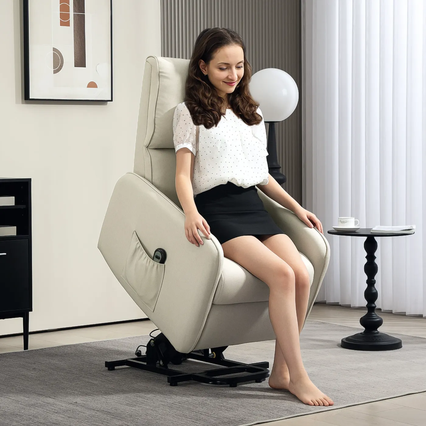Electric Recliner Lift Chair with Remote Control and Fabric Pocket, Beige - Image 2