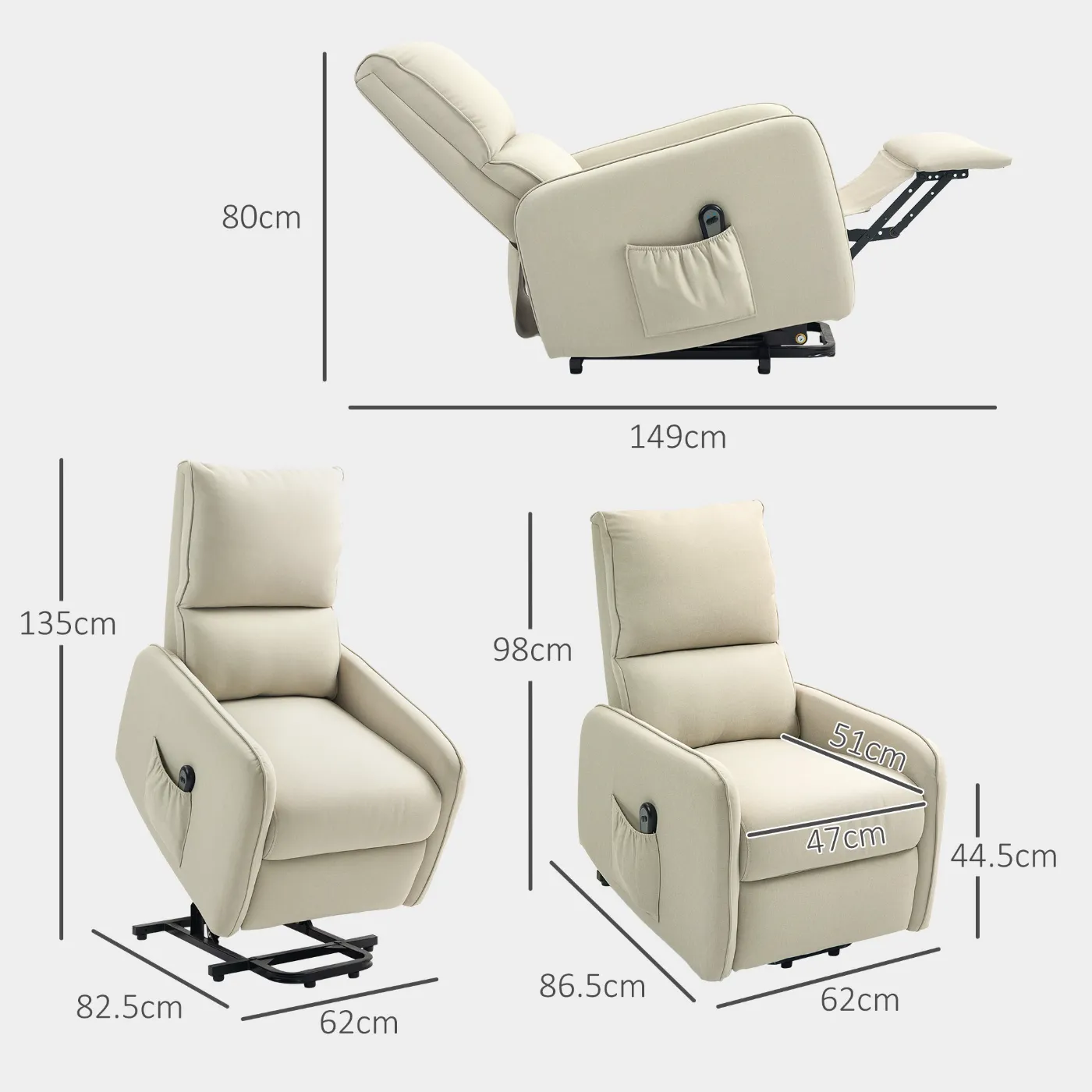 Electric Recliner Lift Chair with Remote Control and Fabric Pocket, Beige - Image 3