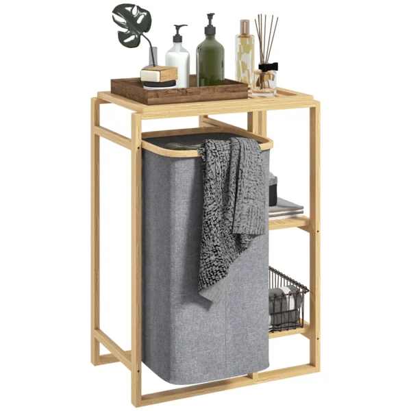Laundry Basket with Pull-Out Bag and Bamboo Slatted Shelves, 50x32x70 cm, Grey