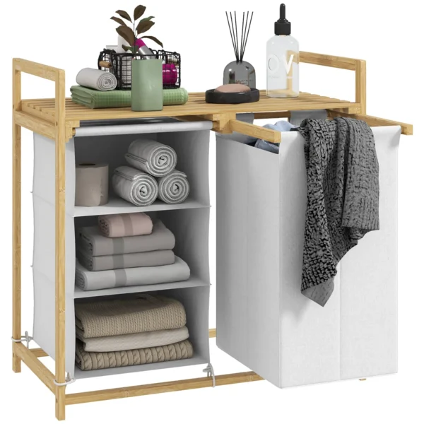 Laundry Basket with 2 Pull-Out Bags, Bamboo Handles and Shelf, 70x36x70 cm, White