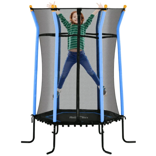 Children's Trampoline with Hinged Entry and Padded Poles, in Steel, PP and EPE, Ø163.5x190 cm, Light Blue