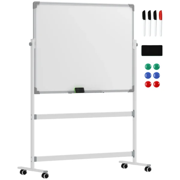 2-Sided White Magnetic Whiteboard with Accessories and 4 Wheels, in Aluminum and Steel, 127x50x165 cm