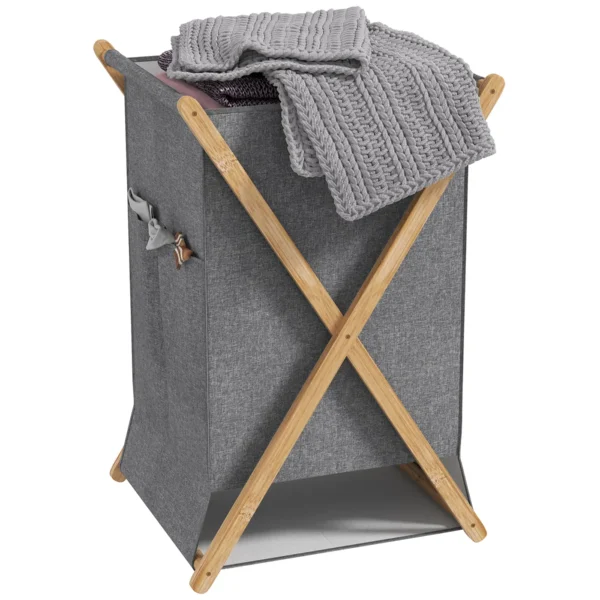 Foldable Laundry Basket 55L in Fabric and Bamboo, Wood and Grey Frame