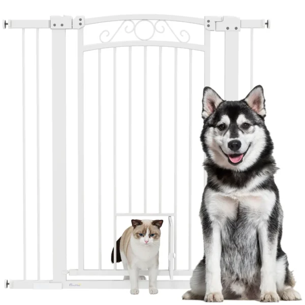 Adjustable Dog Gate with Extensions and Cat Door, 76-104x106cm, White