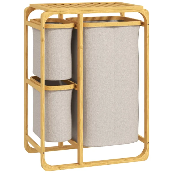 Bamboo Laundry Basket with 3 Bags and Removable Fabric Shelves, 50x32x69.7 cm, Bamboo and Cream