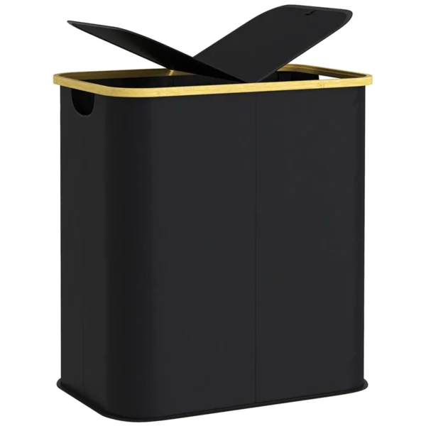 Laundry Basket 80L 2-Section with Lid, Non-Woven and Bamboo, 54x34x58.5 cm, Black
