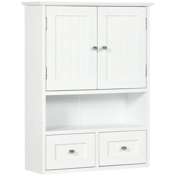 2 Door Bathroom Wall Cabinet with Open Shelf and 2 Wooden Drawers, White