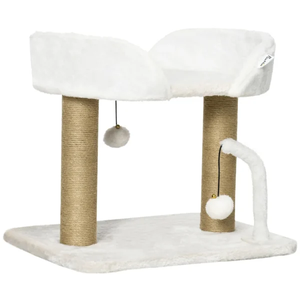 Cat Tower for Cats up to 5kg in Chipboard with Scratching Post and Toy Balls, 48x38x42 cm, Yellow and White