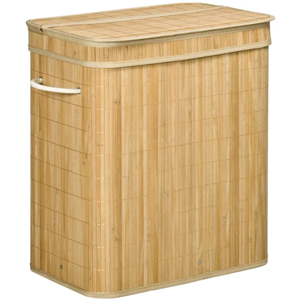 90L Foldable Laundry Basket with 2 Compartments, Bamboo Lid and Handles