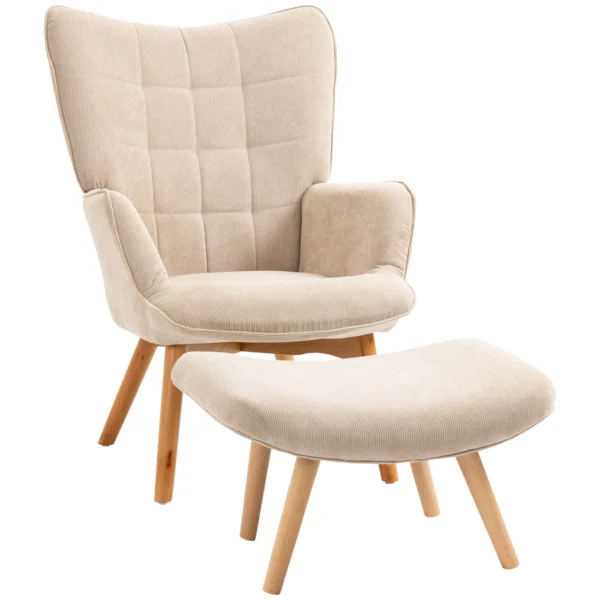 Relaxing Chair with Pouf Footstool in Corduroy with High Back and Armrests, Beige