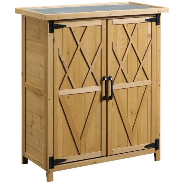 Wooden Garden Cabinet Tool Storage with 2 Doors and 4 Shelves, Sheet Metal Top, 75x40x90 cm