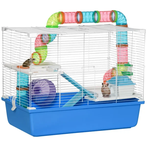 3-Tier Hamster Cage with Tunnel, House and Hamster Wheel, 59x36x47cm, Blue and White