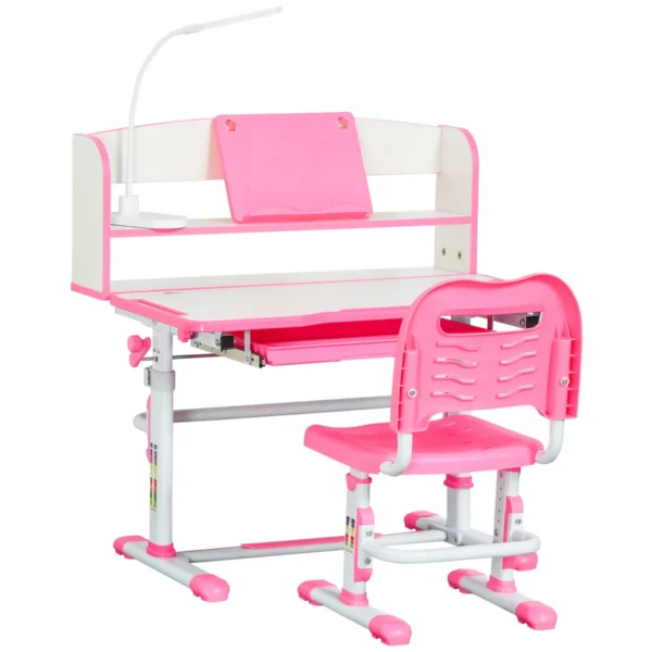 Children's Desk 6-12 Years Adjustable with LED Light, Bookstand and Pen Holder, in MDF, PP and Steel, Pink