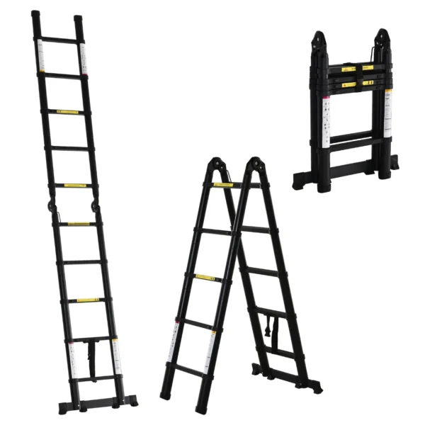 10 Step Folding Telescopic Ladder in Aluminum and Metal for Indoor and Outdoor Use, 320x67x7 cm, Black
