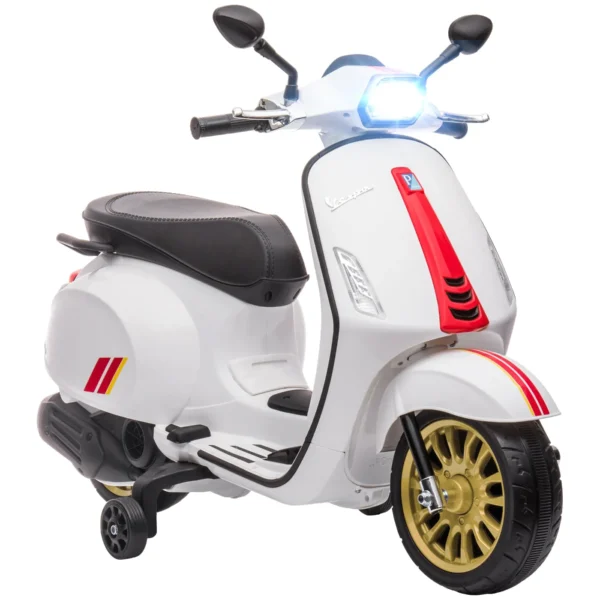 Licensed Children's Electric Motorcycle Vespa with Wheels, Headlight and Music, in PP and Metal, 107x47x73 cm, White
