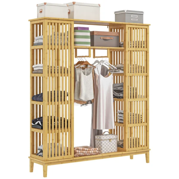 Bamboo Open Wardrobe with 2 Sliding Doors, Open Shelves and Hanging Rail, 145x35x165cm
