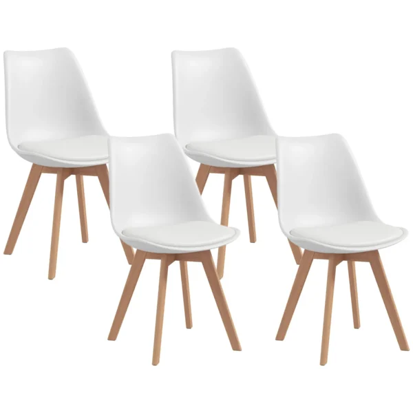 Set of 4 Nordic Style Plastic Dining Chairs with Wooden Legs and Faux Leather Cushion, White