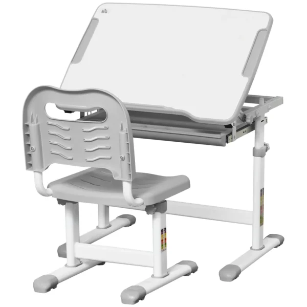 Children's School Desk for 6-12 Years with Chair and Adjustable Height, Tiltable Top, 66x47x52-77 cm, Grey