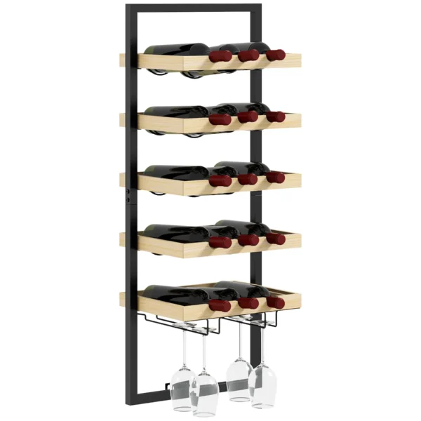 Wall Mounted Wine Rack in Wood and Steel for 15 Bottles of Wine and 4 Glasses, 35x25x86cm