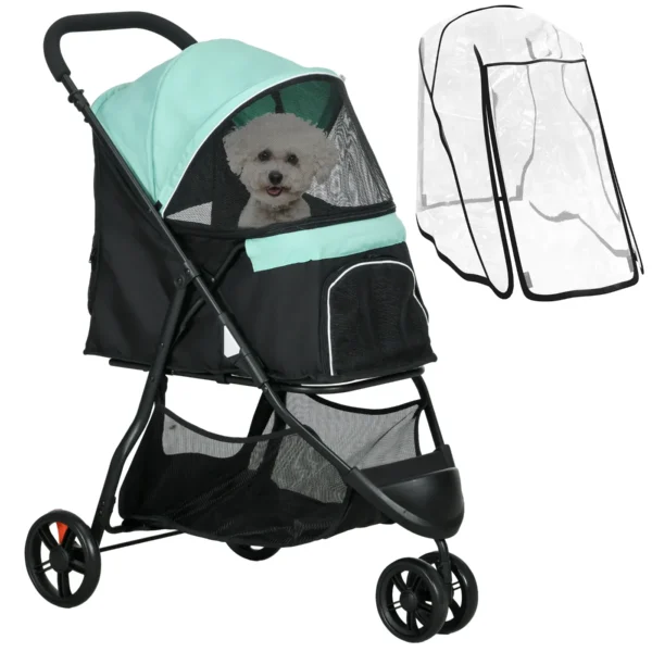 3-Wheel Folding Small Dog Stroller with Rain Cover and Basket, Green