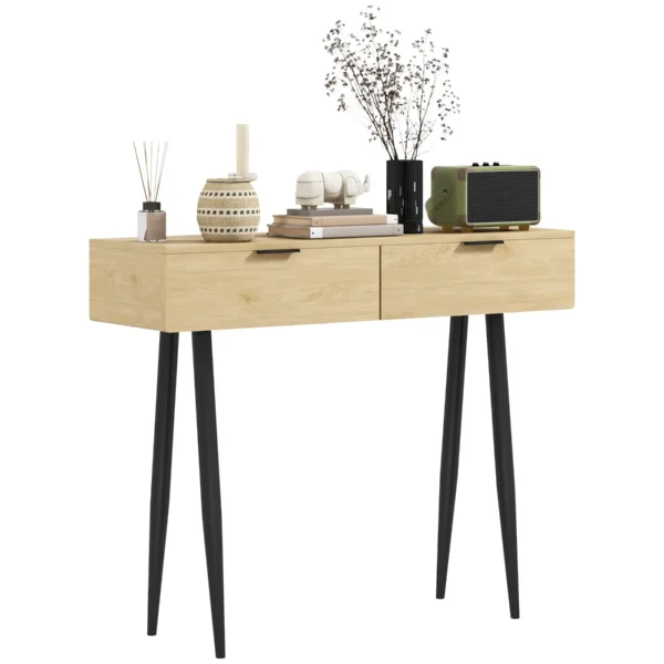 Nordic Style Entrance Console Table with 2 Drawers in Wood and Steel, 100x30x80.5 cm, Oak