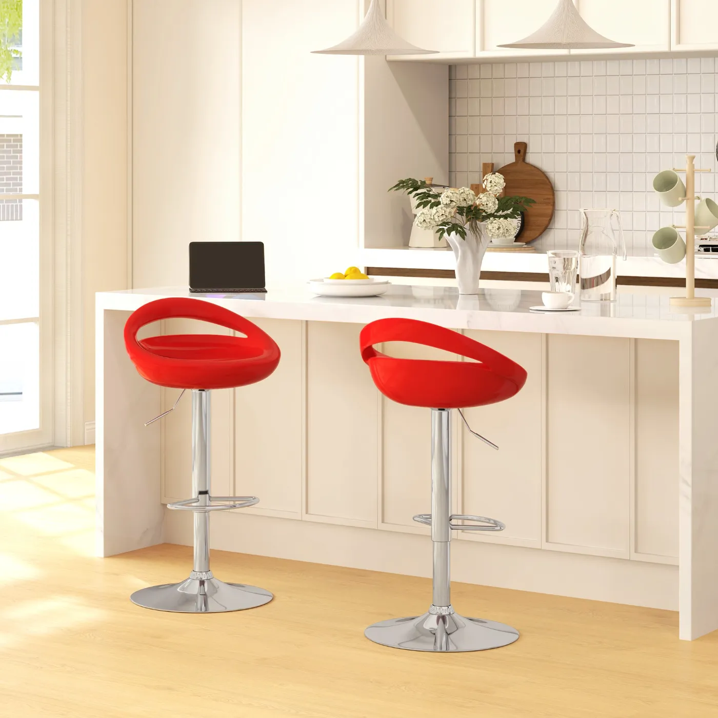 Set of 2 Swivel Bar Stools with Footrest, Adjustable Height, Steel Base, ABS Seat, Red - Image 2