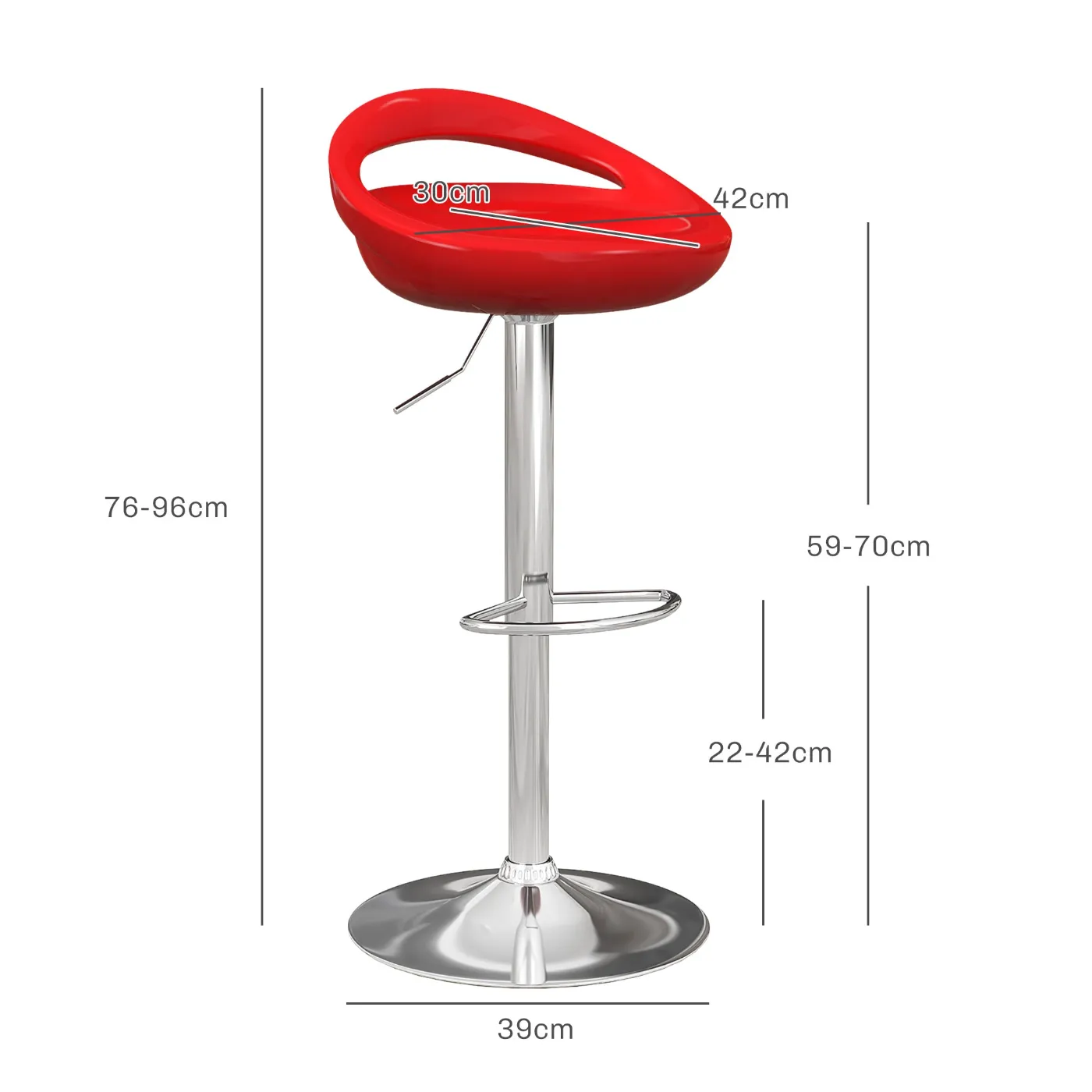 Set of 2 Swivel Bar Stools with Footrest, Adjustable Height, Steel Base, ABS Seat, Red - Image 3