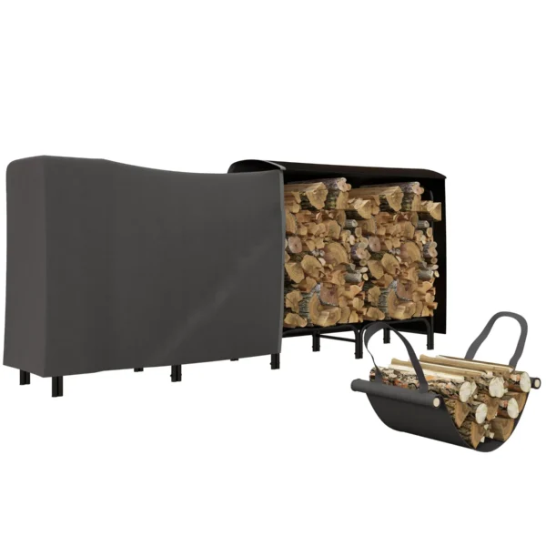 Indoor and Outdoor Metal Firewood Rack with Firewood Holder and Cover, 240x36x99cm, Black