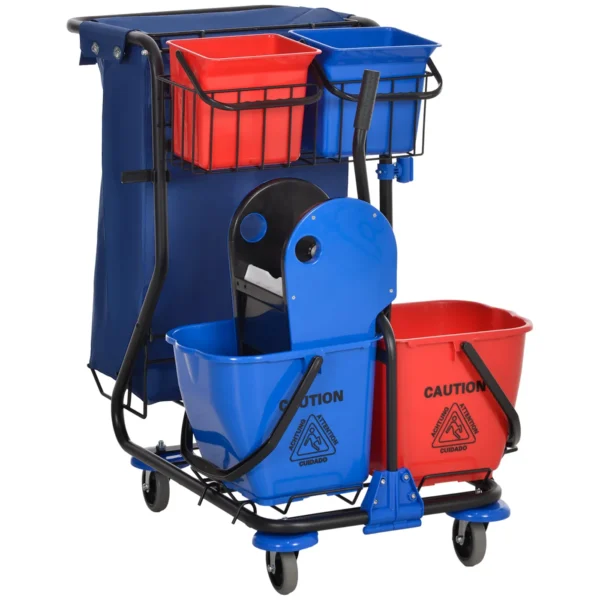 Cleaning Trolley with Garbage Bag, 4 Buckets and Mop Wringer, 93x80x97 cm, Red Blue and Black