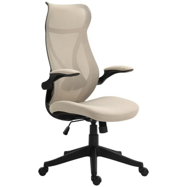 Office Chair with Folding Armrests, Adjustable Height and Reclining Backrest, Beige