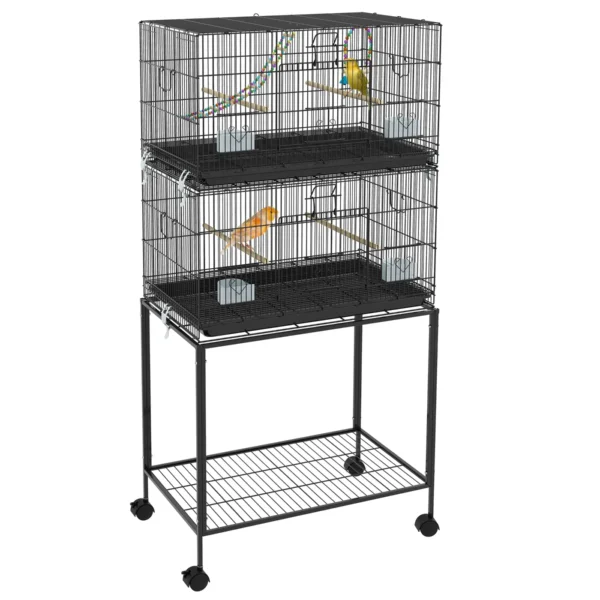 Bird Cage in Steel and PP, Stacked Design with Perches, Swings and Ladders, 77x46x164 cm, Black