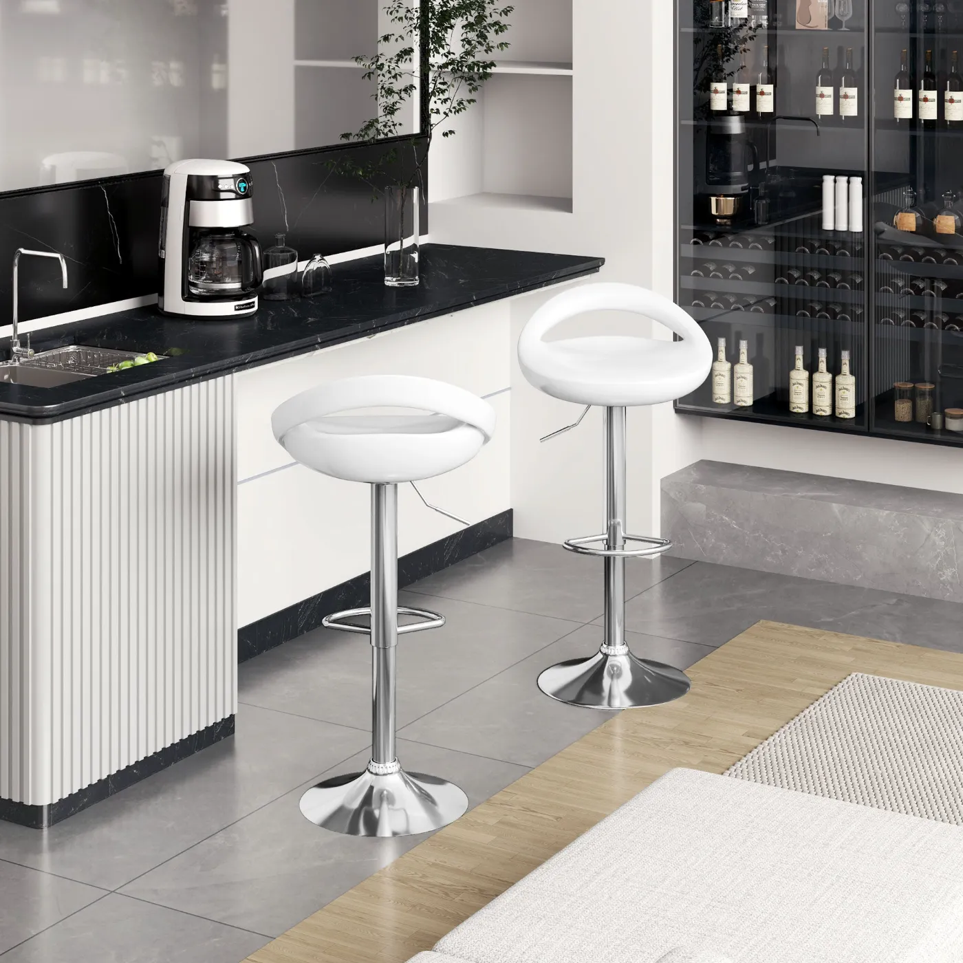 Set of 2 Swivel Bar Stools with Footrest, Adjustable Height, Steel Base, ABS Seat, White - Image 2