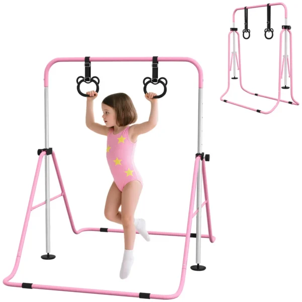 Height Adjustable Gymnastics Bar for Children with 2 Rings, Steel, 148x105x88-128 cm, Pink