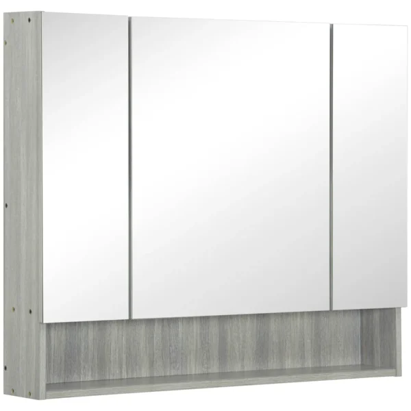 4 Section Mirror Cabinet with Adjustable Shelves, Wood and Glass, 90x15x75 cm, Grey