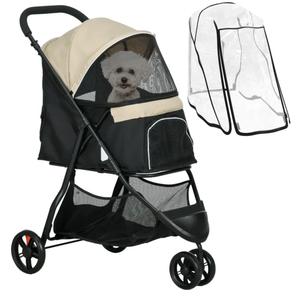 3-Wheel Folding Small Dog Stroller with Rain Cover and Basket, Khaki