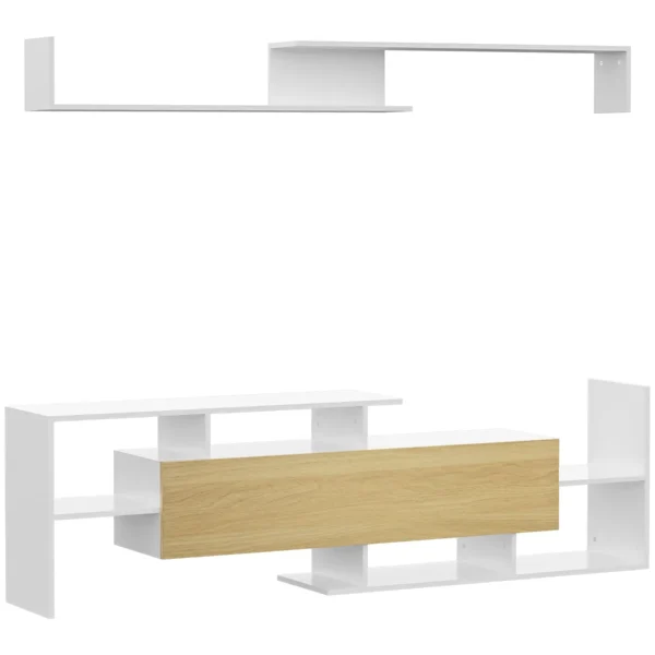 TV Cabinet with Wall Shelf, Open Shelves and Wooden Cabinet, White and Natural Wood