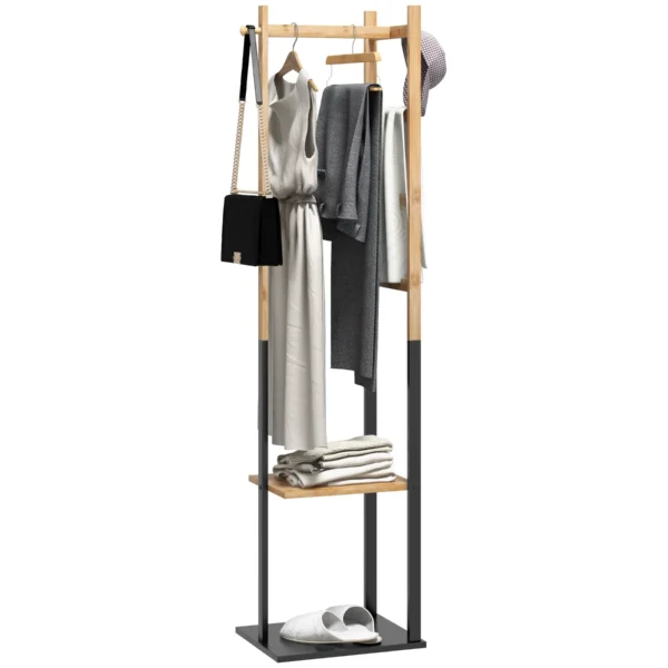 Freestanding Coat Rack with Central Bar, 4 Side Bars, 2 Hooks and 2 Shelves, Wood and Black