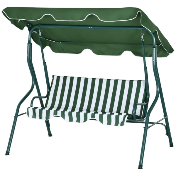 3-Seater Swing with Adjustable Canopy and Cushions, in Steel and Polyester, 170x110x153 cm, Green and White