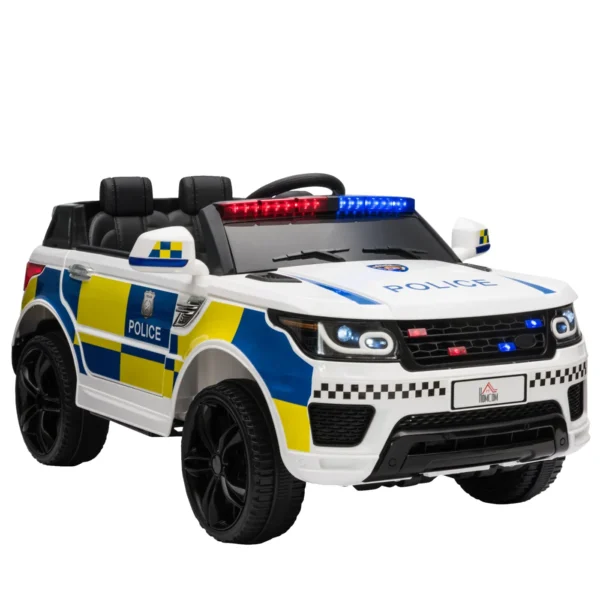 Electric Police Car for Kids, 12V Battery and Remote Control, Siren Lights USB Connection for Music, 110x68x52cm, White