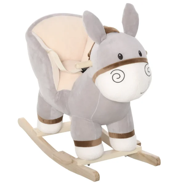 Baby Rocking Horse 18-36 Months, Donkey-Shaped Rocking Horse with Realistic Sounds in Poplar Wood and Plush, Grey