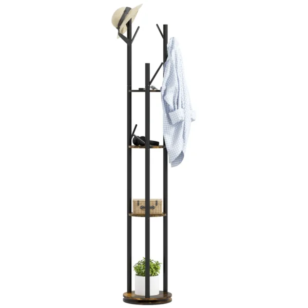Industrial Style Rotating Floor Coat Rack with 8 Hooks and 4 Shelves, Ø30x175cm, Brown