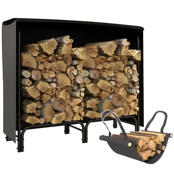 Indoor and Outdoor Metal Log Holder with Firewood Holder and Cover, 120x36x99 cm, Black