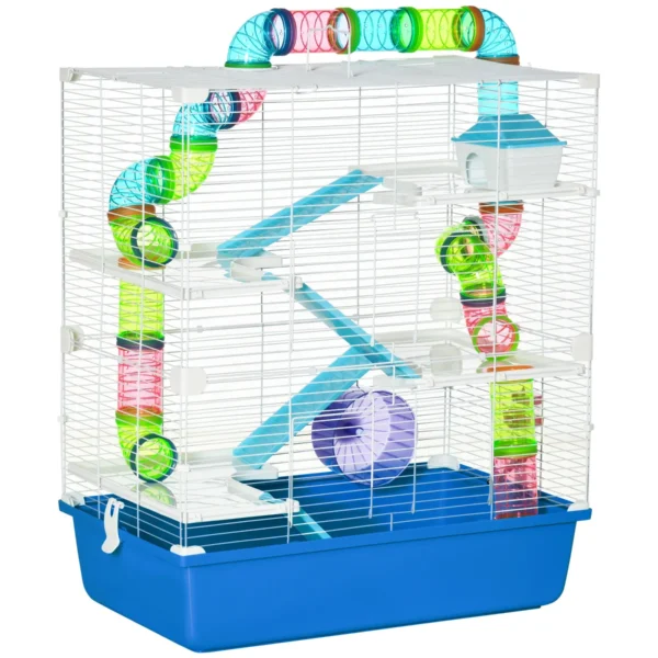 5-Level Hamster Cage with Tubes, House, Tank and Wheel, Made of Steel, PP and PS, 59x36x69 cm, Blue and White